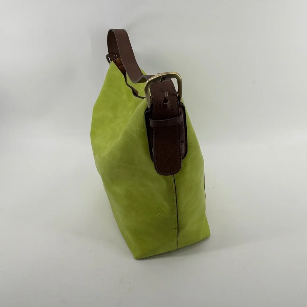 Lime Green Faux Leather Hobo Bag Brown Adjustable Buckle Strap Shoulder Tote